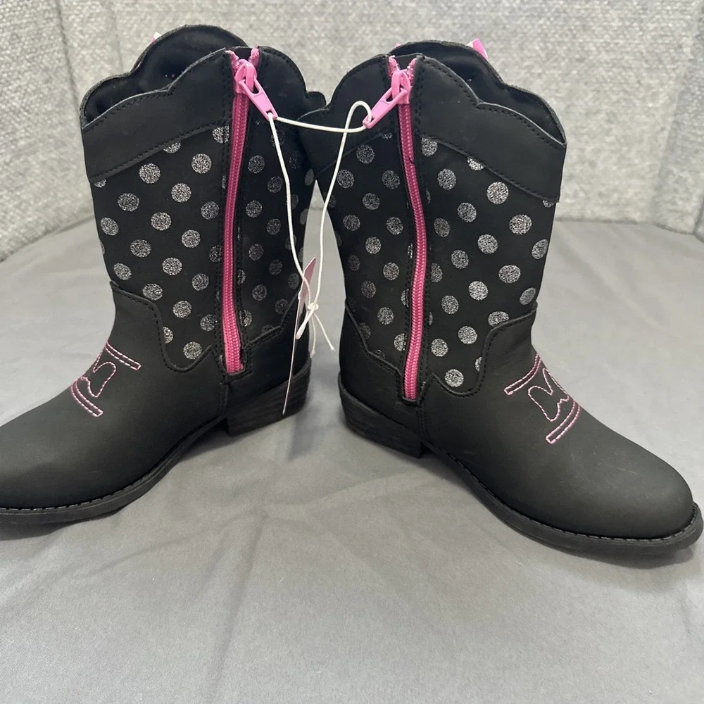 Disney Jr. Minnie Mouse Girls‎ Size 11 Med Cowboy Boots Faux Leather Black Pink
